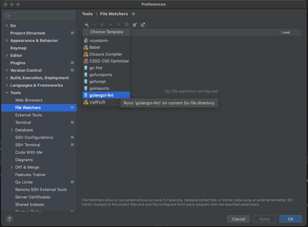 A screenshot that shows how to configure path for golangci in GoLand.