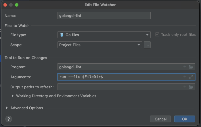 A screenshot that shows how to add a golangci file watcher in GoLand.